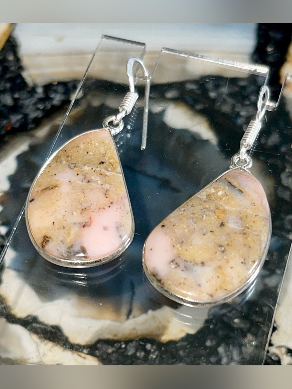 Pink & Brown Peruvian Opal Crystal Earrings 1 7/8”